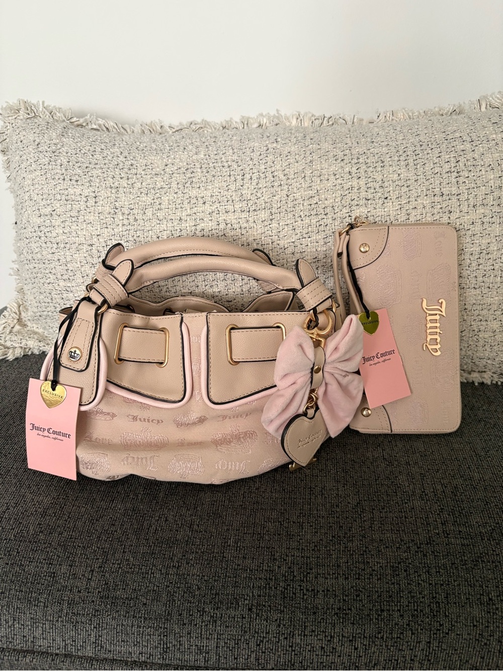 Juicy Couture Blush Pink Bow-Accent Shoulder Bag with Matching Wallet